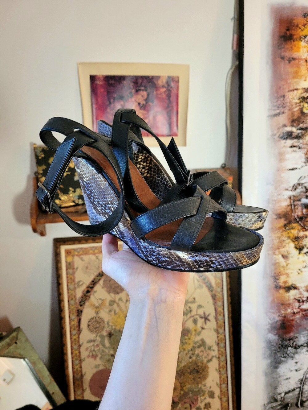 Marc Cain Black Leather Espadrille Wedge Sandals with Snakeskin Platform - Eu39